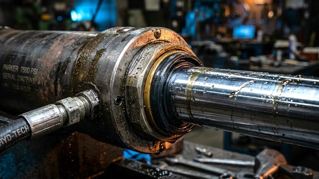 Rotating metal shaft being machined on a large industrial lathe, with coolant and grime on the chuck and surrounding machinery in a workshop setting.