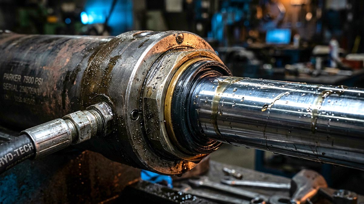 Rotating metal shaft being machined on a large industrial lathe, with coolant and grime on the chuck and surrounding machinery in a workshop setting.